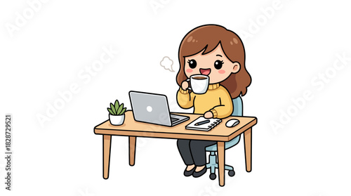 Cute cartoon woman working from home on a laptop at her desk while drinking a hot cup of coffee in a cozy office setting illustration