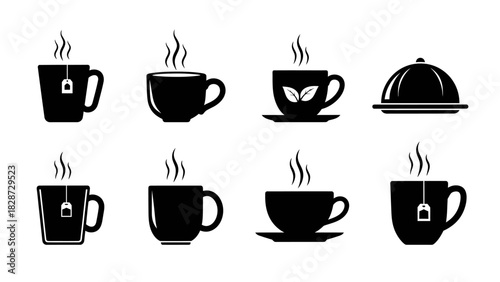 Diverse black silhouette icons for hot tea and coffee beverages