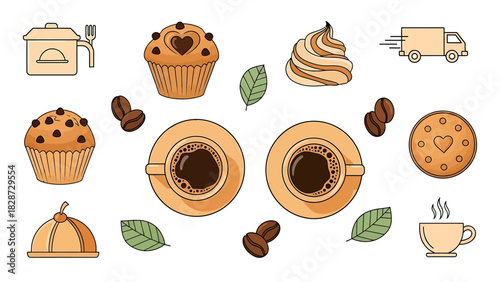 Coffee and bakery vector icon set with cafe and delivery elements