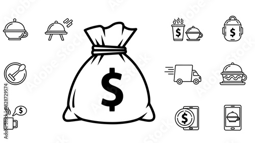 Food business finance: delivery, online order, payment outline icons.