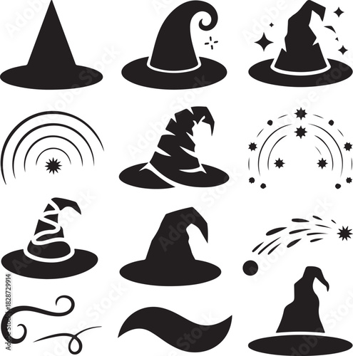 Collection of whimsical witch hats and magic related elements in black