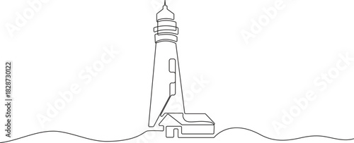Minimalist lighthouse line art illustration on white background for nautical themes.one line art drawing lighthouse tower vector illustration
