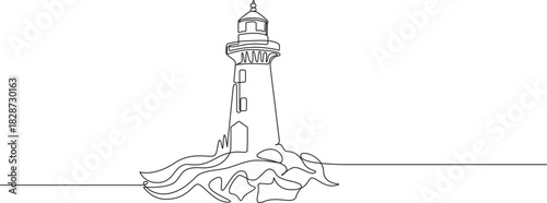Minimalist lighthouse line art illustration on white background for nautical themes.one line art drawing lighthouse tower vector illustration