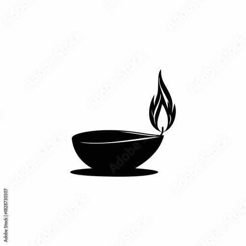 Vector Icon of Diya Oil Lamp silhouette with Burning Flame