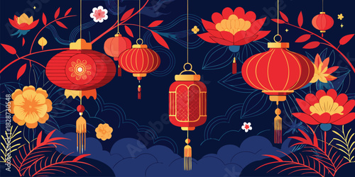 Vibrant red lanterns and blooming flowers illuminate a dark night sky