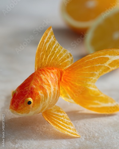 Orange Slice Shaped Goldfish with Delicate Fins on White Surface