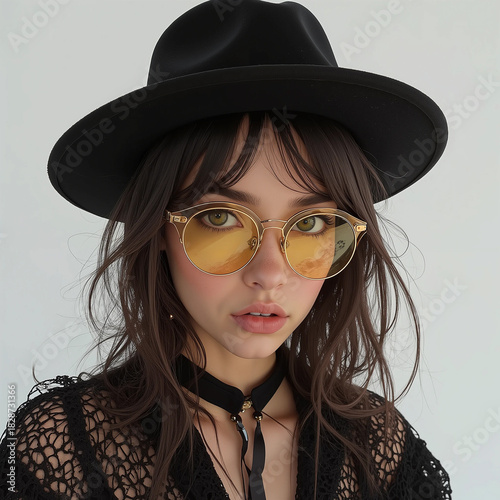 Stylish woman in black hat and yellow sunglasses.
Young woman with long brown hair wearing a wide-brimmed black hat and yellow-tinted sunglasses.