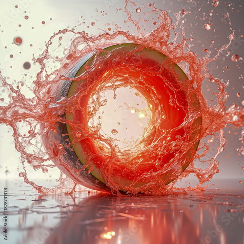 Dynamic watermelon juice explosion with central light.
A vibrant cross-section of a watermelon with juice dynamically bursting outward. 