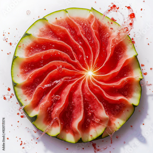 Dynamic watermelon spiral with refreshing splashes.
A watermelon slice with a unique spiral cut creates a dynamic visual on a white surface.