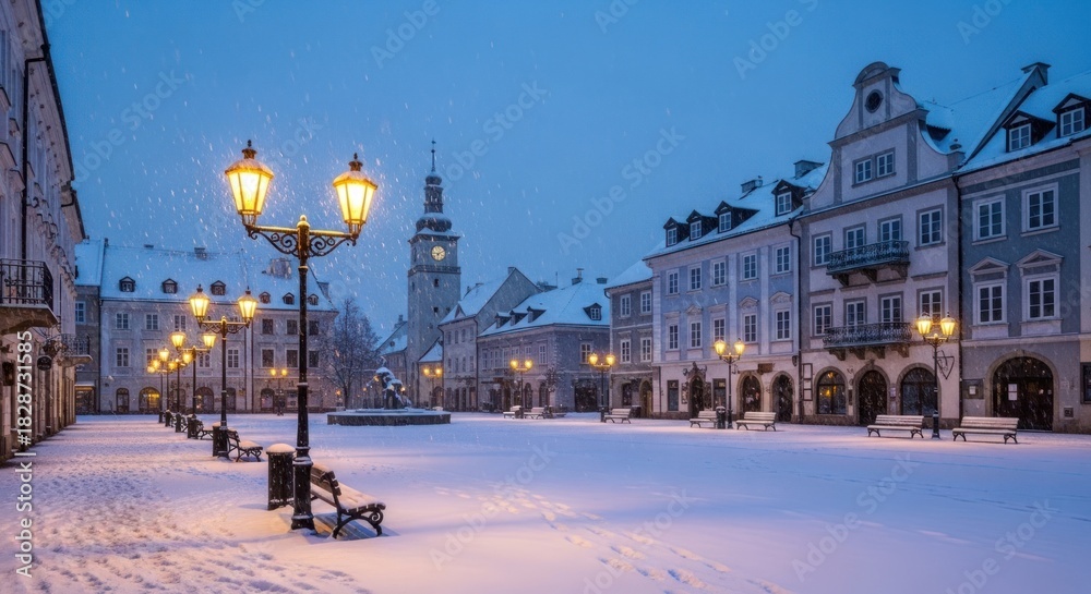 Obraz premium Peaceful Winter Evening in a Snow-Covered Historic European Town with Illuminated Streetlights and Falling Snow
