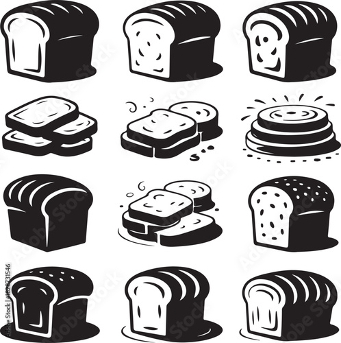 Diverse Collection of Bread Loaves and Slices Black and White Vector
