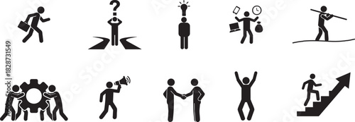 Business & Success Stickman Icons – Decision Making, Leadership, Teamwork, Progress, Motivation, Multitasking