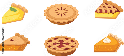 Cartoon pie vector, slice and whole pie, lattice crust, lemon pie, pumpkin pie, fruit pie, whipped cream topping