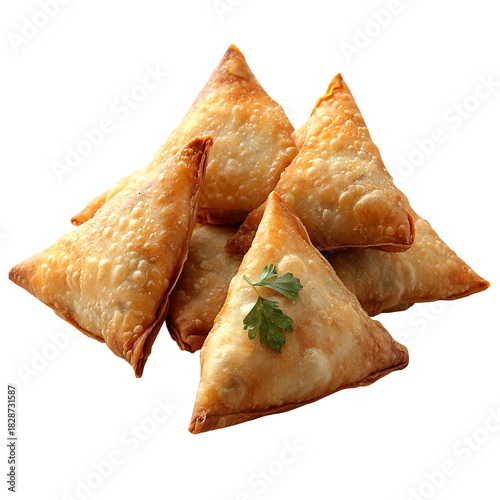 Golden crispy samosas stacked closeup image