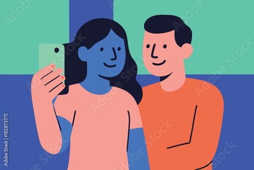 Two people enjoying sunny selfies Colorful illustrations