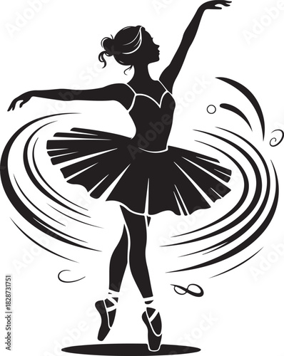 Elegant ballerina silhouette performing graceful dance with artistic swirling elements
