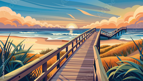 Very beautiful scenic coastal illustration of Myrtle Beach, South Carolina, featuring a wooden boardwalk through dune grass leading to the Atlantic Ocean, with a distant pier under soft, atmospheric 