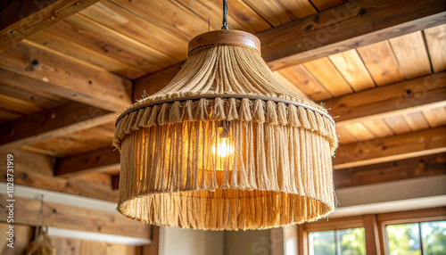 Rustic jute pendant light hanging from a wooden ceiling chandelier lamp