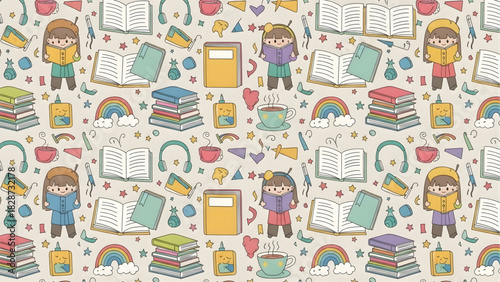 Seamless Pattern of Cute Hand Drawn Children Reading Books, Education, and Study Doodle Background