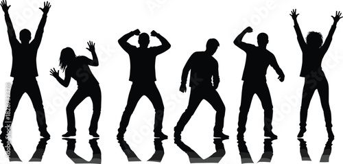 Dynamic silhouettes of diverse people dancing and celebrating together with energetic poses, expressive movement, joyful celebration, party atmosphere, group activity scene