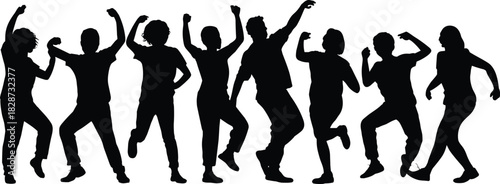 Energetic group silhouette of diverse people dancing and celebrating together, expressing joy, movement, excitement, unity, lifestyle, and modern dynamic illustration perfect for design projects