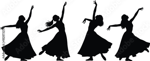 Graceful female dancer silhouettes performing elegant expressive dance movements in flowing dresses isolated on white background for artistic creative design concepts
