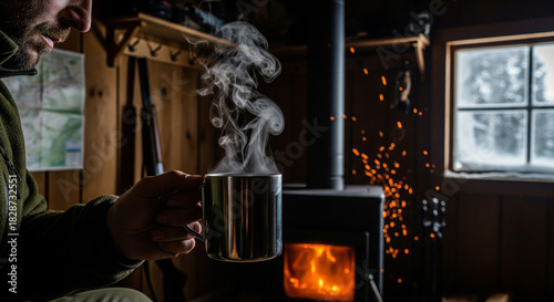 A hunter drinks hot tea in a hut by the fireplace with a gun by the window.