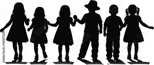 Silhouette group of children standing together holding hands, showing unity, friendship, childhood bonding, teamwork, and playful innocence in a simple background