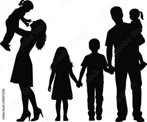 Silhouette illustration of a happy family with parents and children standing together, expressing love, unity, bonding, parenting, childhood care, and togetherness