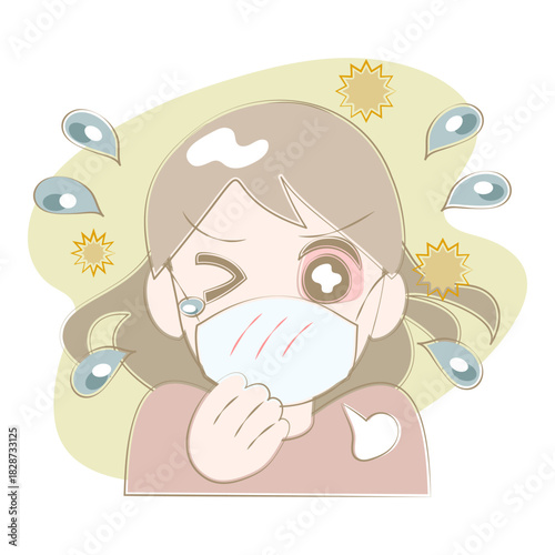 Allergy eye irritation girl illustration with mask