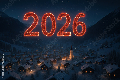 New year 2026 glowing lights above snowy village at night