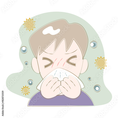 Sneezing boy with runny nose illustration