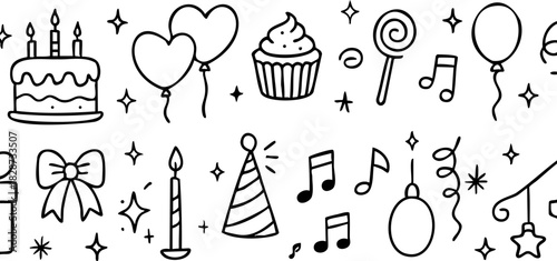 Birthday Celebration Line Doodle Illustration, Fun doodle banner featuring birthday cake, balloons, candles, gifts, music notes, and celebration elements in a clean line art style.
