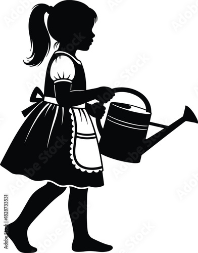 Silhouette of a young girl carrying a watering can while walking, representing gardening, childhood, innocence, nature care, outdoor activity, learning and responsibility