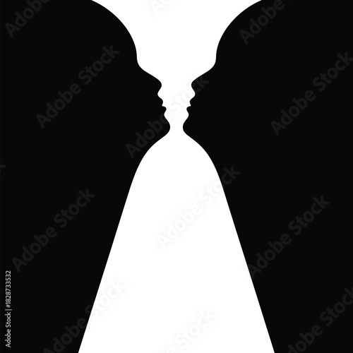 Optical illusion face profile vase silhouette black and white art design eps