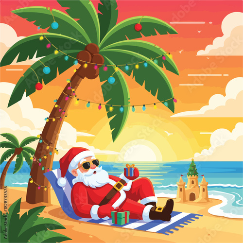 Santa Claus relaxing on a beach chair under a decorated palm tree, with a tropical sunset background. Perfect for Christmas, holiday, and vacation advertisements.