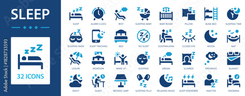 Sleep flat icons collection. Rest, bed, dream, inactive, moon, nap, relaxing music, night, bedroom, baby room, pillow, alarm clock, sleep mask, wake up, leisure, sleeping baby, sleeping sign set.