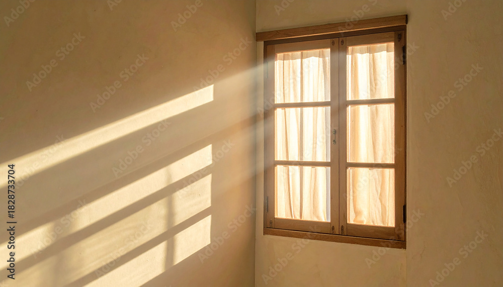 Obraz premium Sunlight Streaming Through Wooden Window Panes onto Wall sunbeams light rays