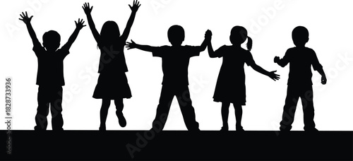 Silhouette of joyful children raising arms and playing together outdoors, symbolizing happiness, childhood fun, friendship, unity, celebration, freedom, and lively playful energy.