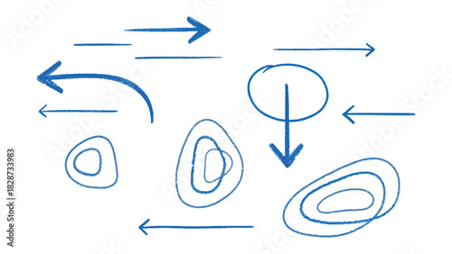 Abstract Directional Elements: A collection of simple, yet compelling, directional arrows and circular designs flow, suggesting movement, transitions, and interconnectedness.