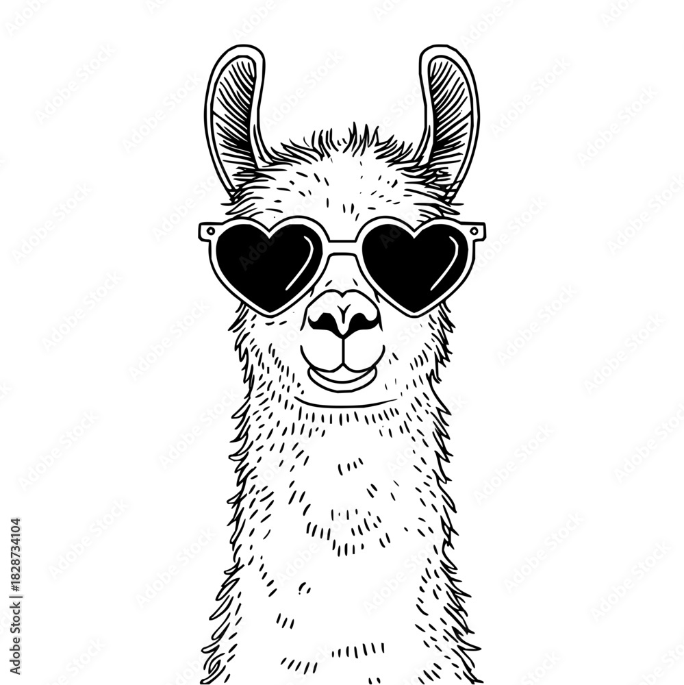 Fototapeta premium Llama wearing heart shaped sunglasses with detailed fur and ears in a black and white illustration style