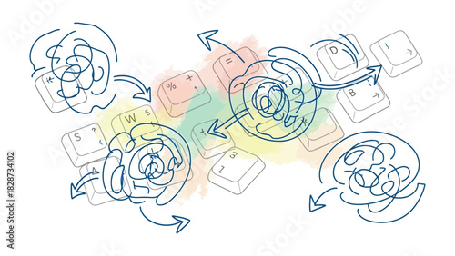 Creative Workflow Concept: An artistic concept depicts the dynamic flow of ideas with whimsical swirls and arrows against the backdrop of a keyboard.