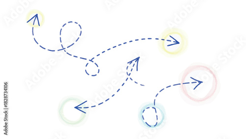 Navigational Path: A playful and colorful illustration of directional arrows, each tracing unique paths across a field, symbolizing exploration, travel, and the journey of life.