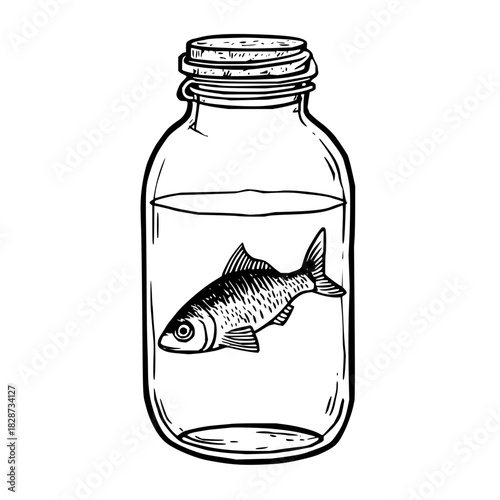 Illustration of a fish swimming inside a glass jar filled with water and a screw top lid design element