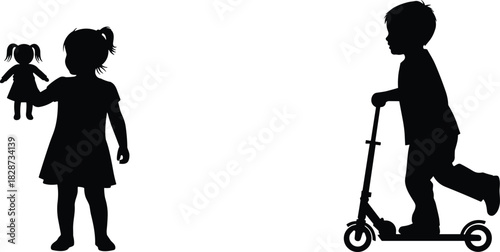 Silhouette of young children playing outdoors, girl holding doll and boy riding scooter, active childhood fun, creative playtime scene on white background
