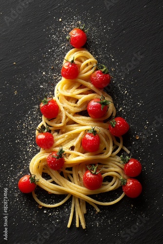 Spaghetti pasta cherry tomatoes forming christmas tree shape, vertical
