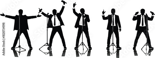 Silhouette performers in suits singing confidently on stage with microphones, expressing music, entertainment, performance art, concert energy, creativity, passion, and celebration