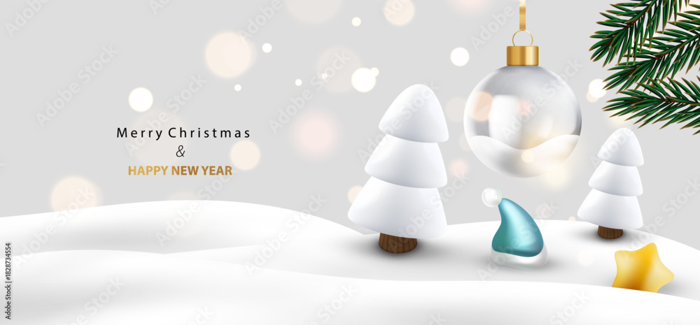 Fototapeta premium Merry Christmas web banner with realistic 3d glass ball and trees. Snow landscape decoration element with star, hat and branches. Holiday card vector X-mas design.