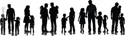 Silhouettes of diverse families standing together, parents and children interacting, holding hands, bonding, communicating, and sharing meaningful moments in a unified group scene