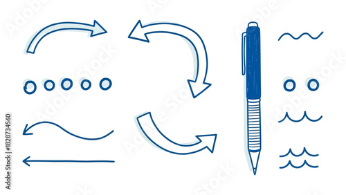 Illustration of Workflow Design: A creative illustration showcases workflow design elements, featuring a sleek pen alongside a collection of arrows, dots, and wave lines.